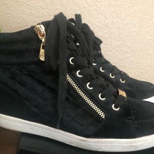 Guess black velvet platform tennis shoes.
